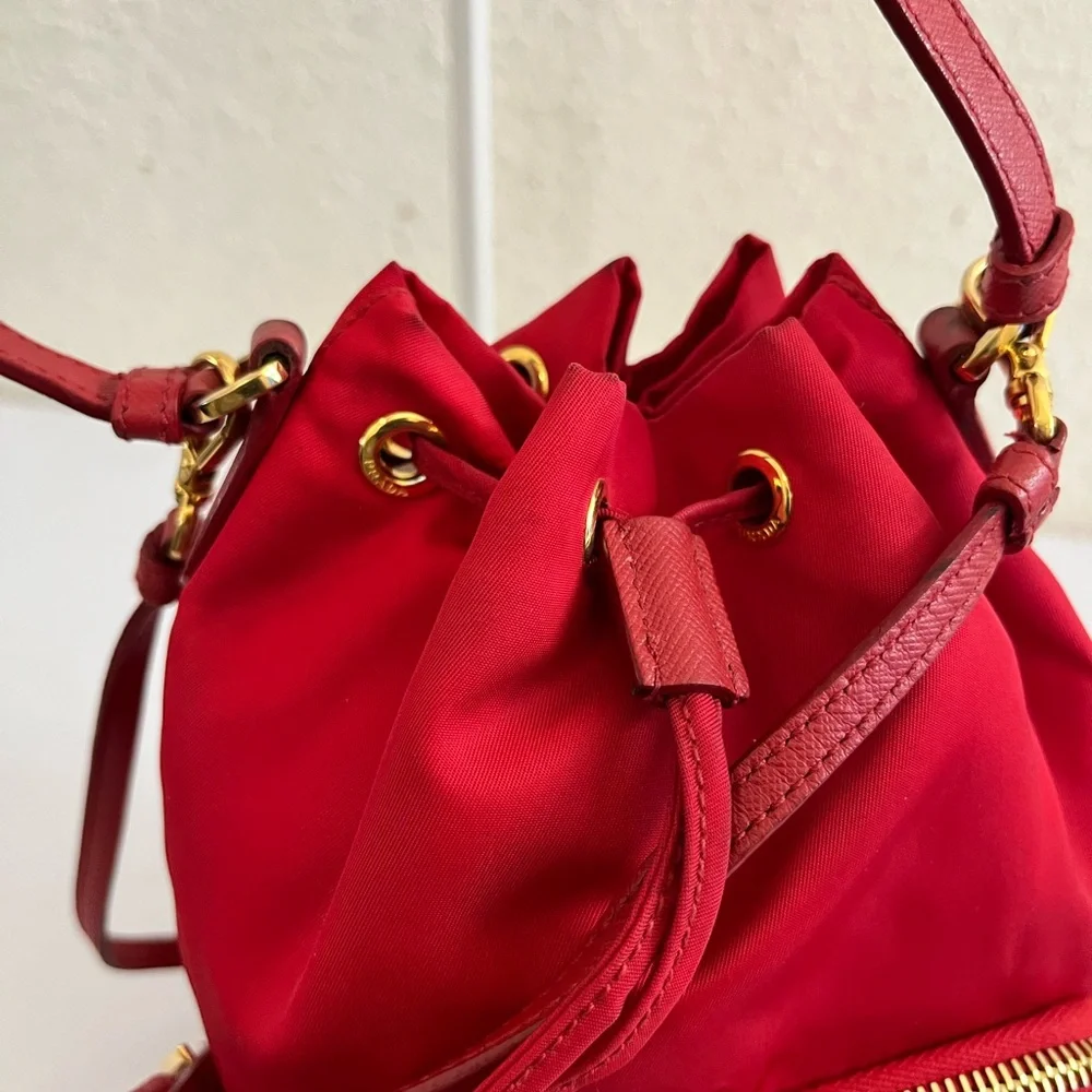 Prada Red Nylon Drawstring Crossbody Bucket Bag with Gold Hardware - Picture 9 of 16